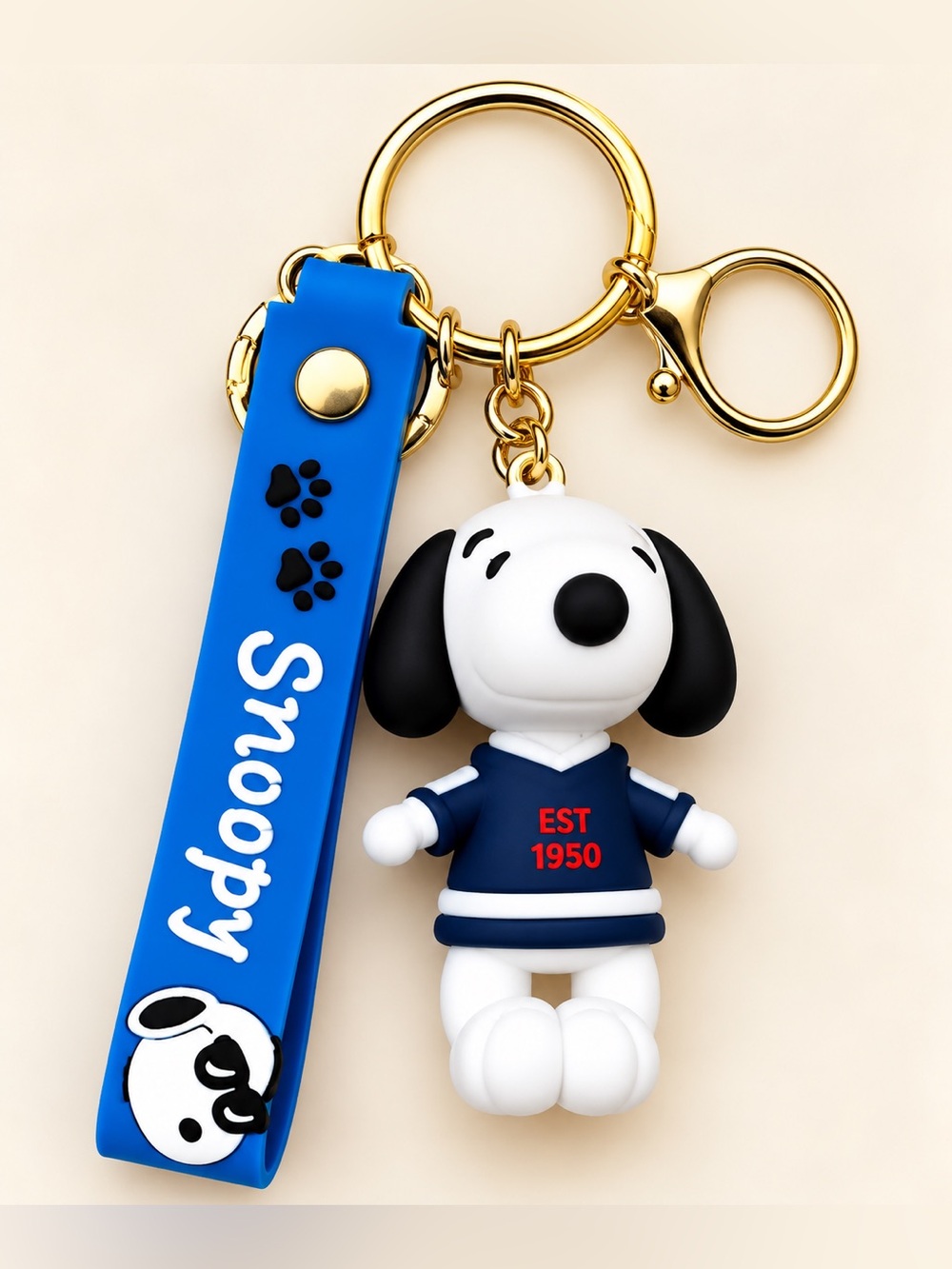 Snoopy Blue Silicone Dog Keychain with Gold Hardware
